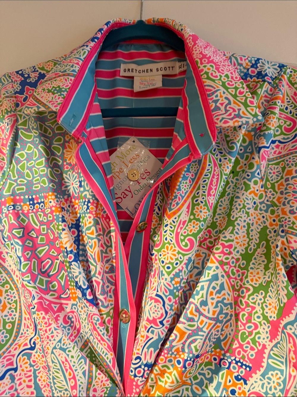 Gretchen Scott Pink & Aqua Striped Button-Front Top - Picture 5 of 5